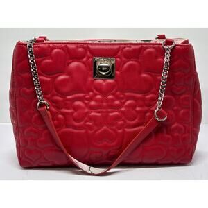 Betsey Johnson Red Quilted Heart Handbag With Floral Lining 14” X 11” X 3” EUC